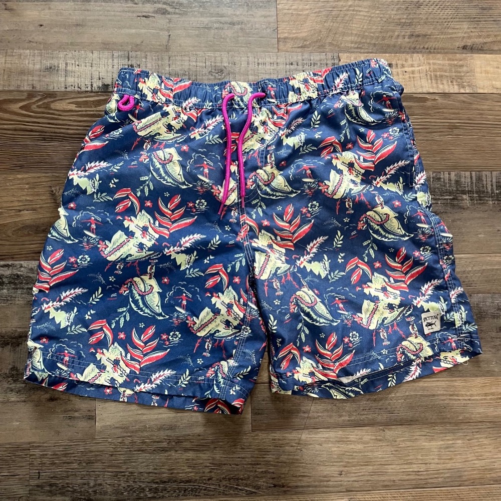 Spicy Tuna Tropical Surfer Print Swim Trunks Navy Pink Drawstring L